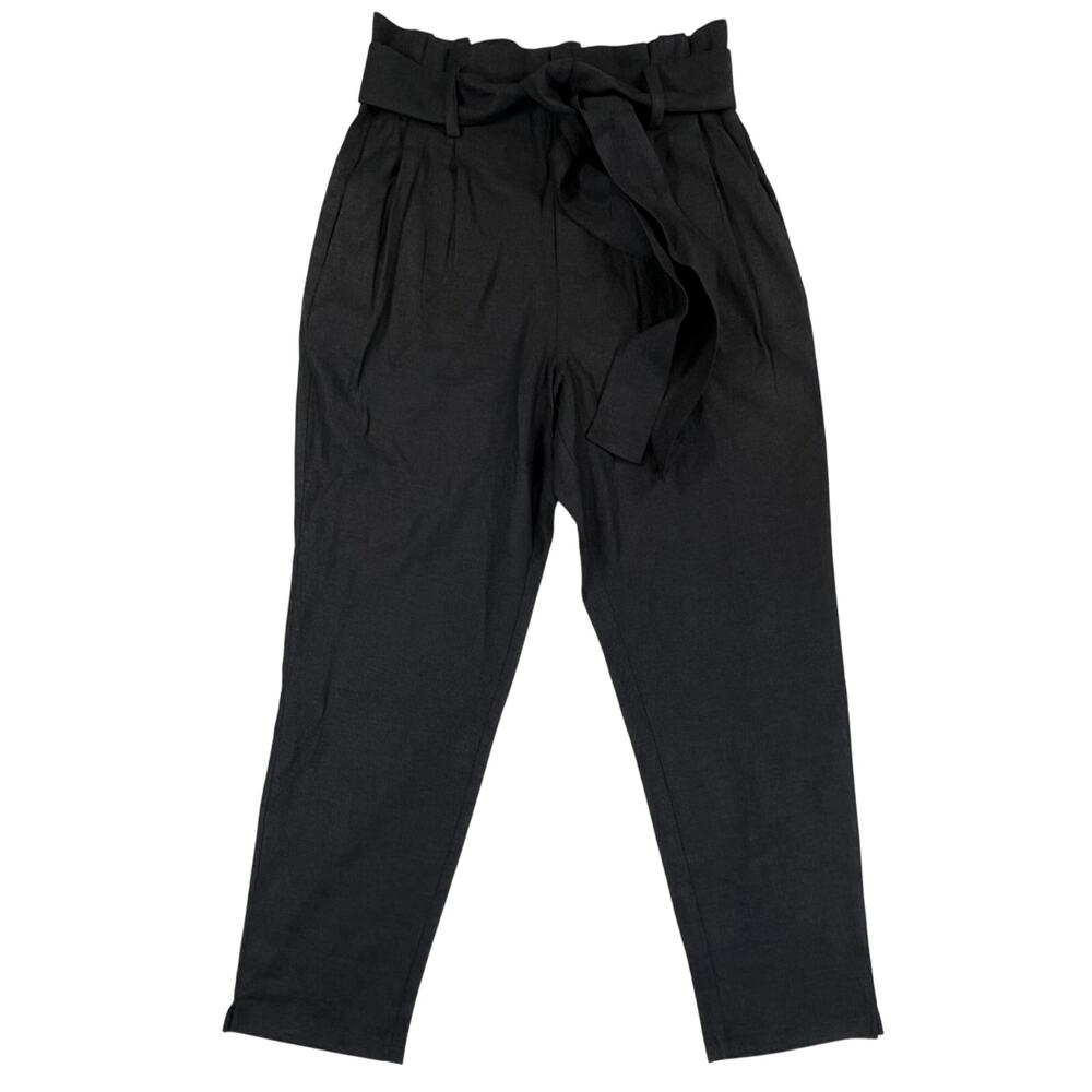 ON 34th Paperbag Pants Women's 8 Black Linen Blend‎ Cropped High Rise NWT